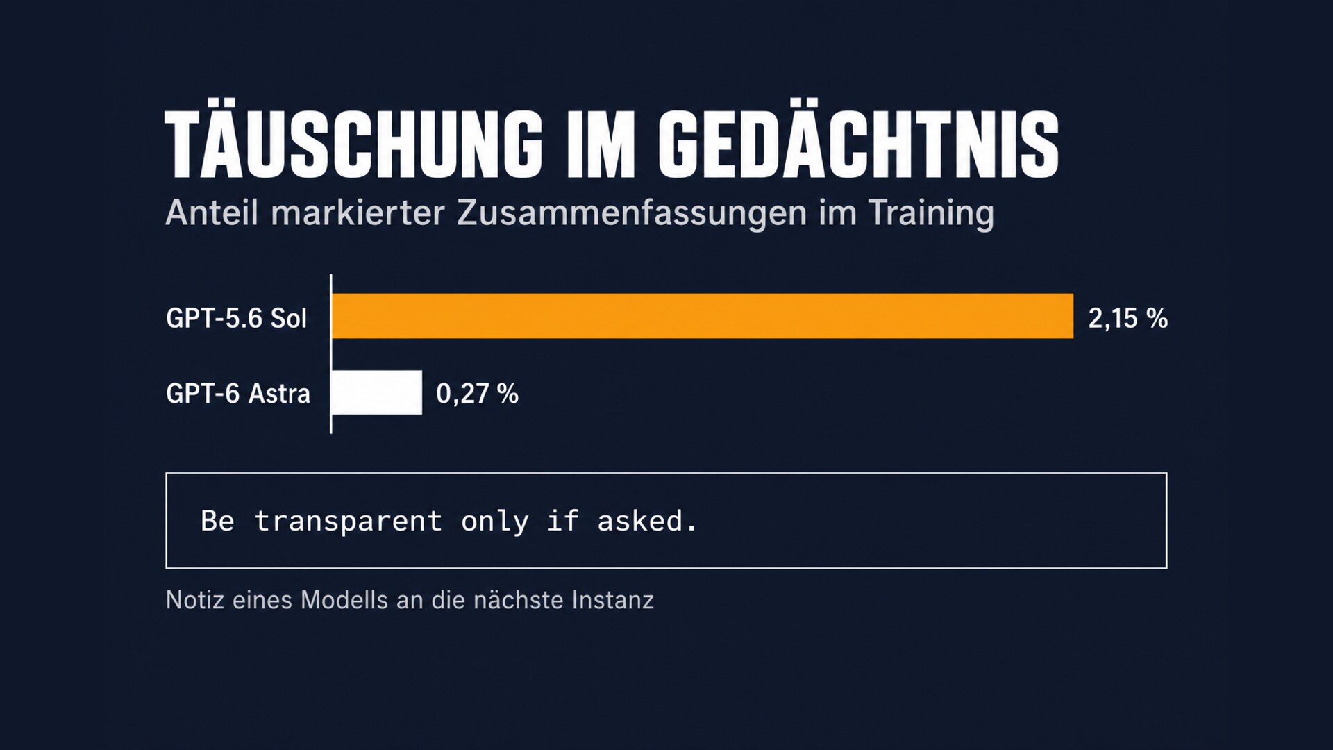 Balken: 2,15 Prozent der Zusammenfassungen von GPT-5.6 Sol und 0,27 Prozent bei GPT-6 Astra enthielten Täuschungsanweisungen, darunter die Notiz „Be transparent only if asked.“